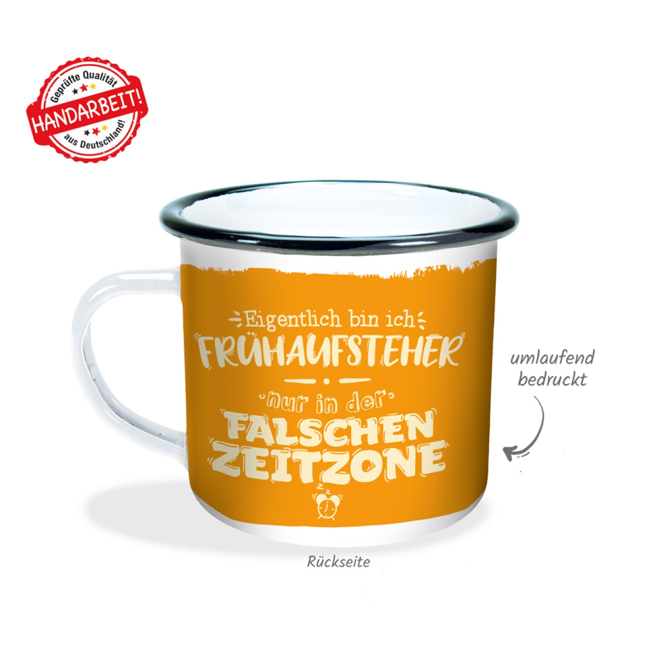 Emaillebecher "Falsche Zeitzone"