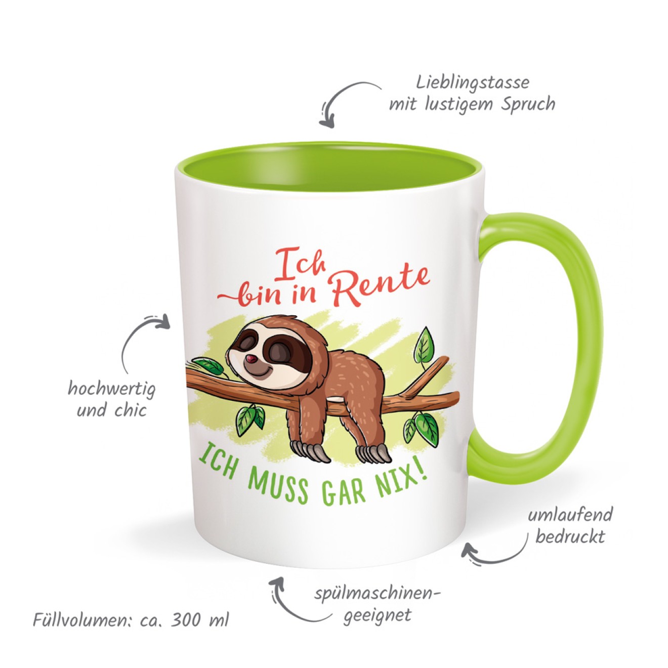 Tasse Rentner Faultier weiß grün