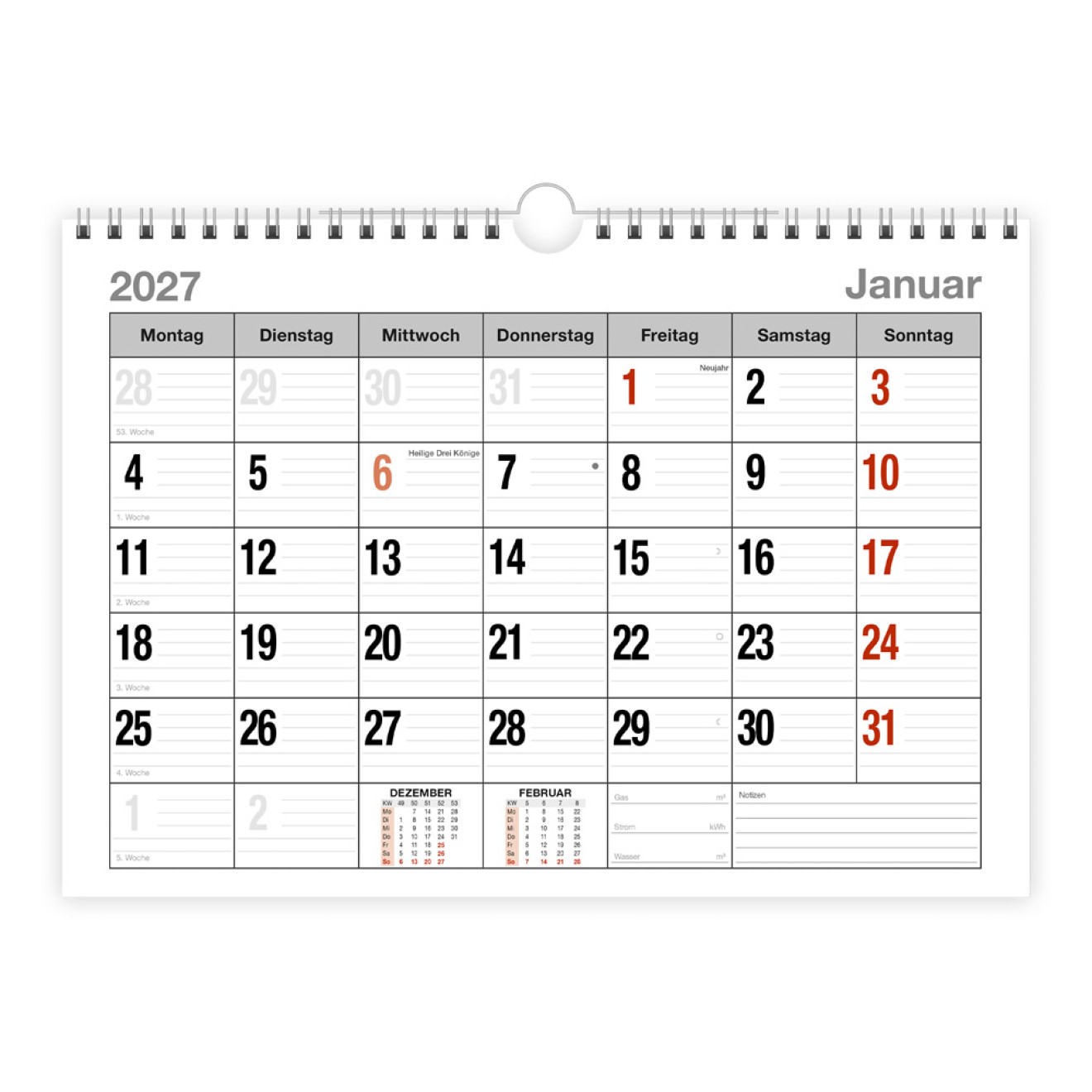 Monatsterminer Monatsterminkalender 2027 mit Wire-O-Bindung