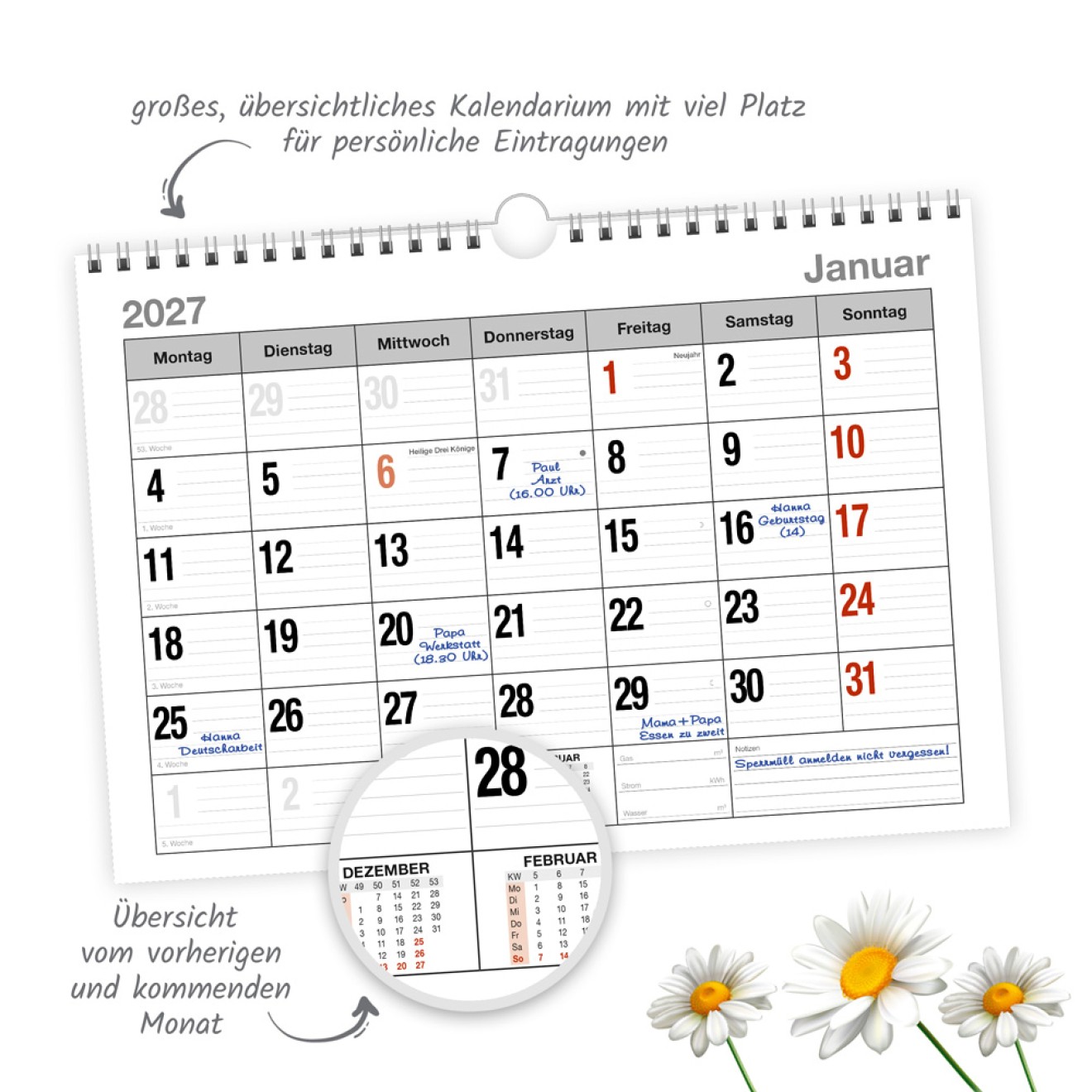 Monatsterminer Monatsterminkalender 2027 mit Wire-O-Bindung
