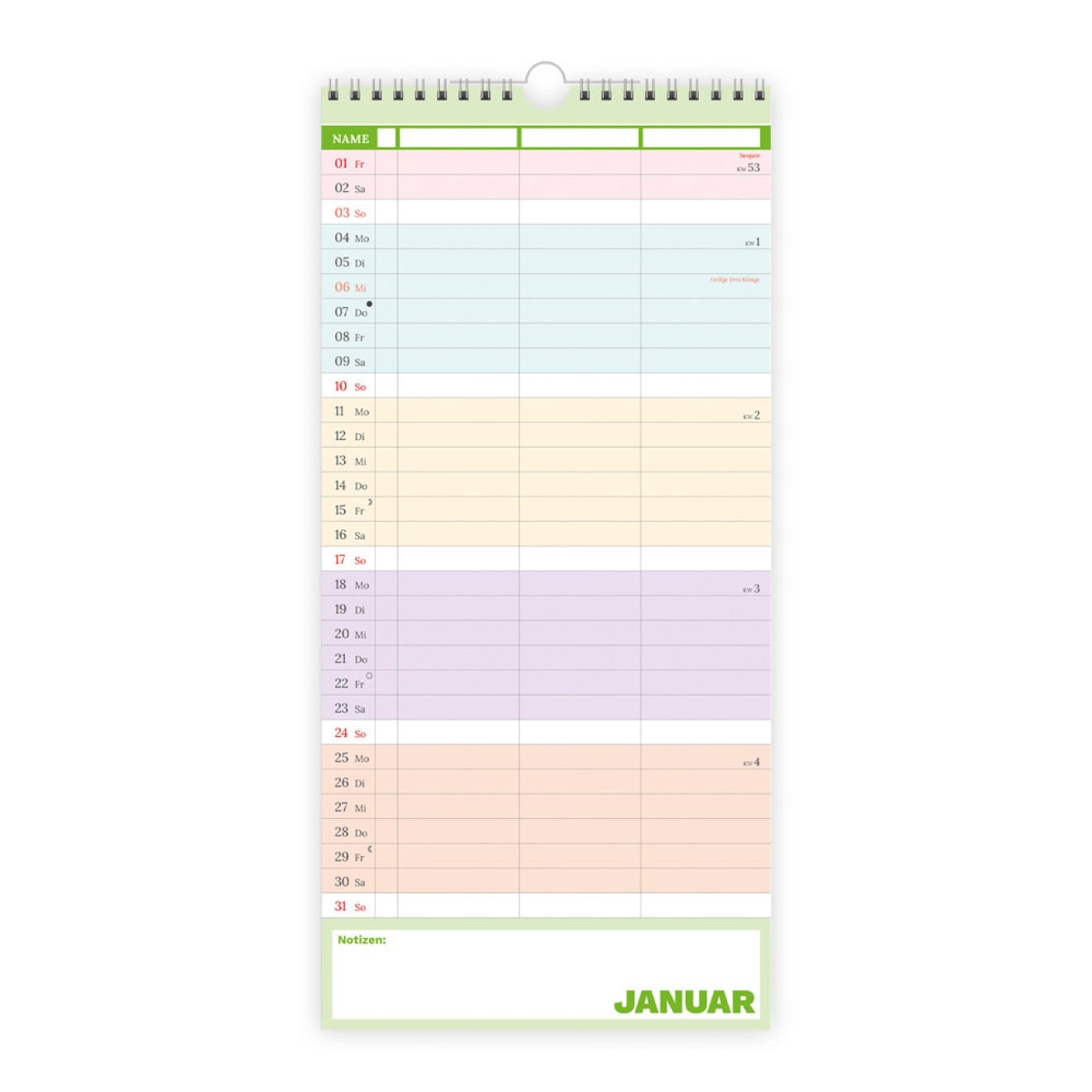 Terminplaner Farben 3 Spalten 2027