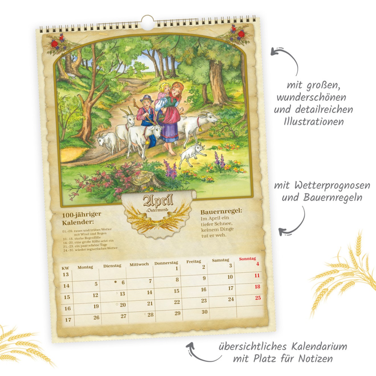Großbildkalender Bauernkalender 2027 mit Wetterprognosen Bauernregeln und Ferienterminen