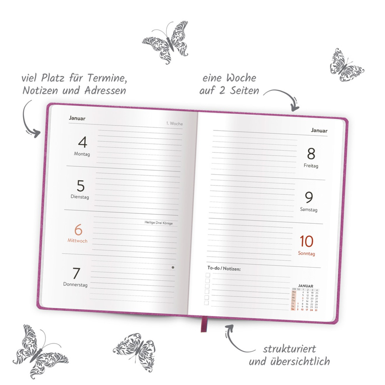 Taschenkalender A6 Soft Touch Schmetterlinge 2027