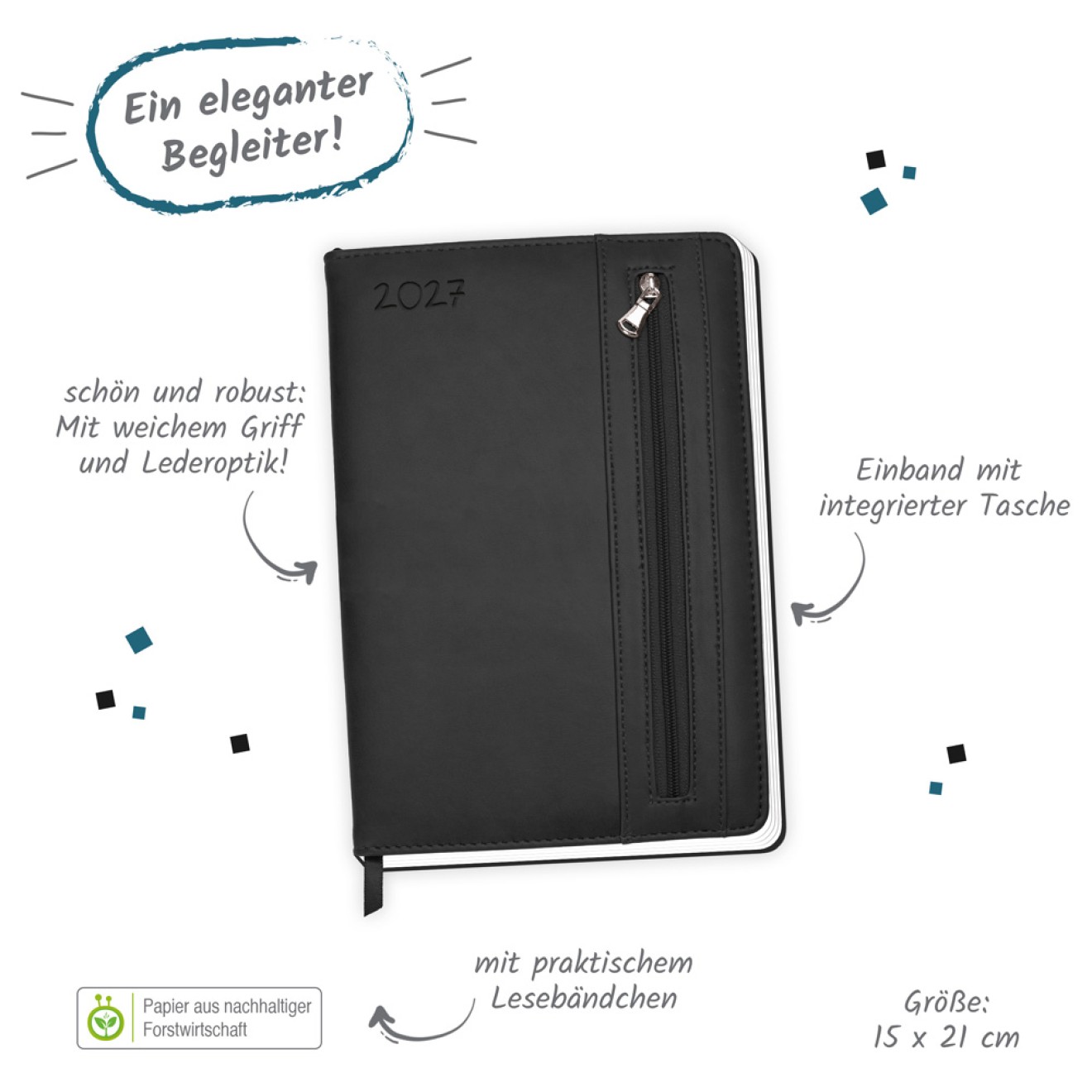 Wochenplaner A5 mit Tasche Schwarz 2027
