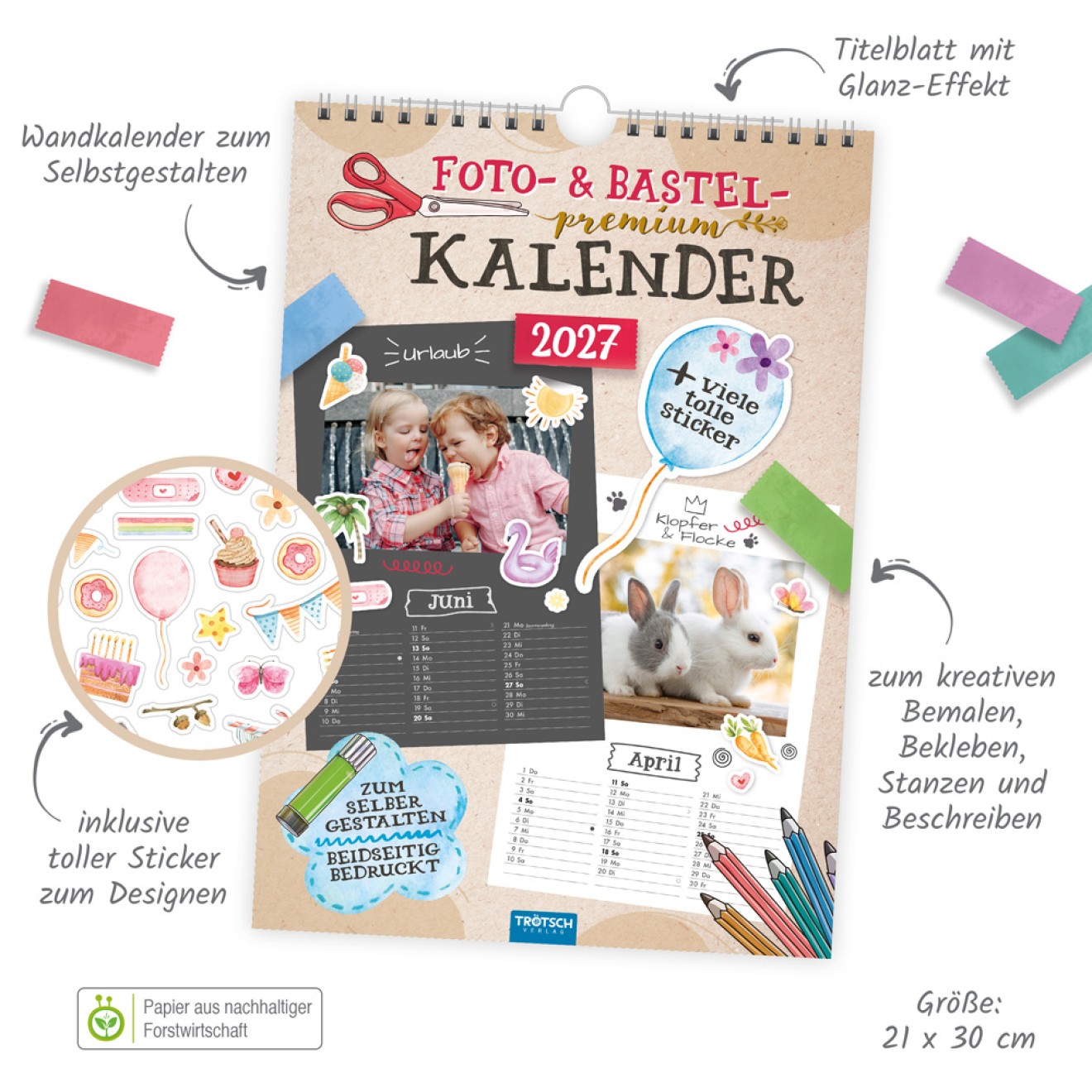 Foto- und Bastelkalender Premium A4 2027 mit vielen Stickern