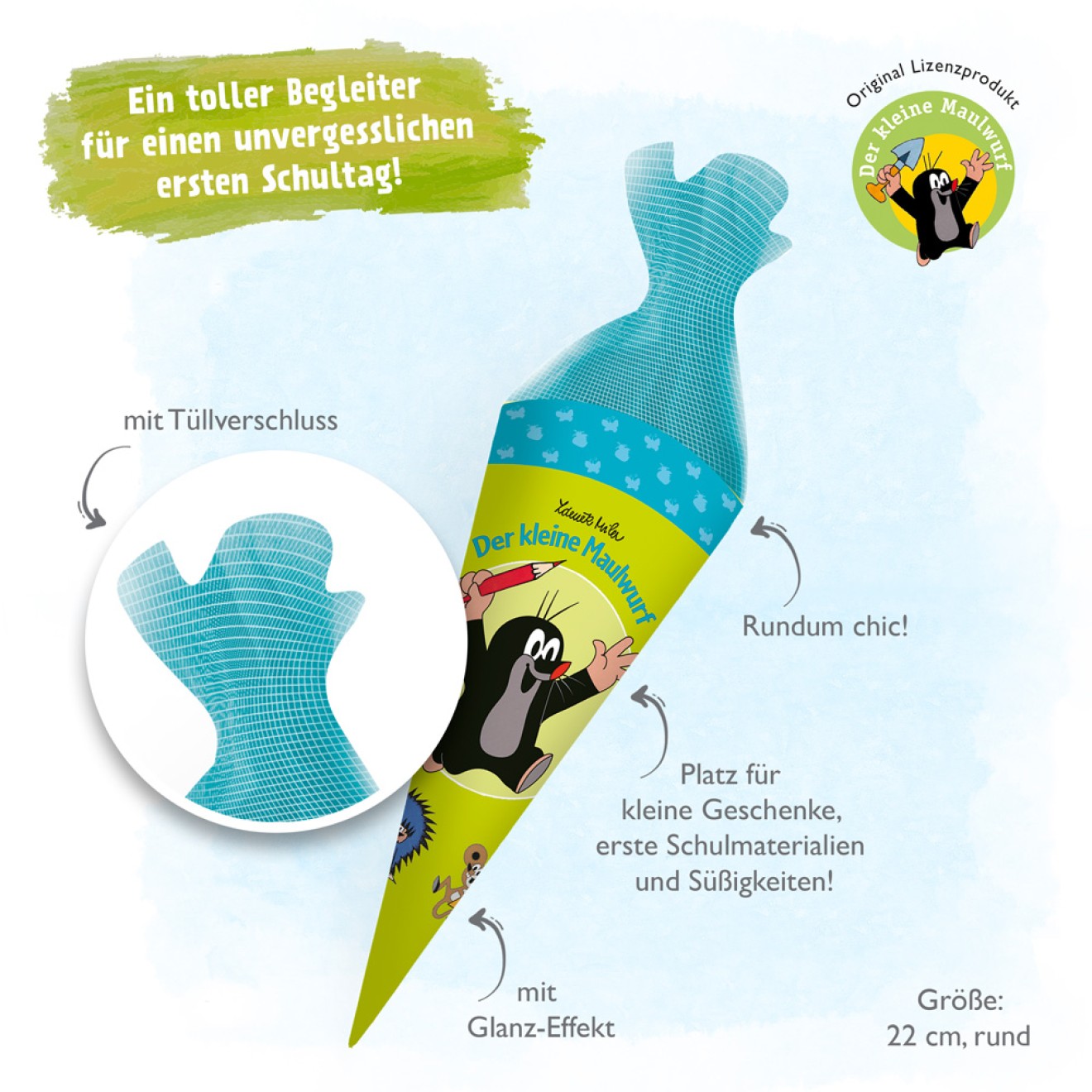 Schultüte "Der kleine Maulwurf" 22 cm Tüll