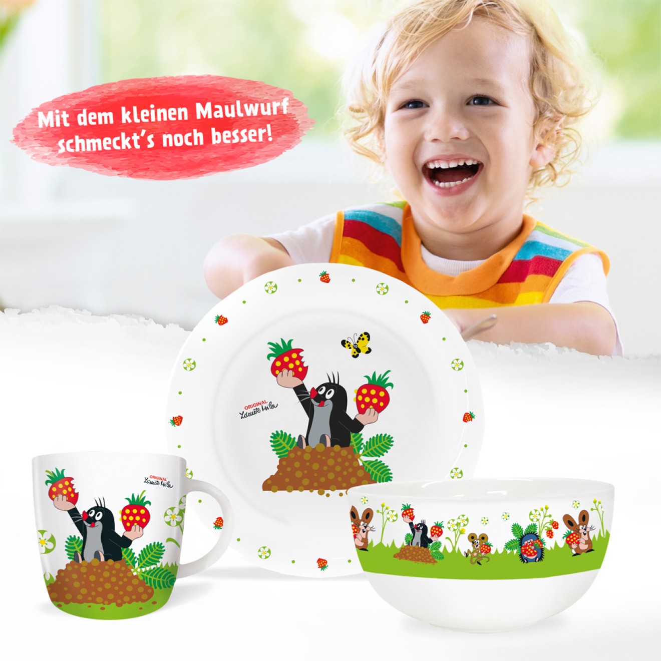 DER KLEINE MAULWURF 3tlg.Porzellan-Set "Erdbeere"
