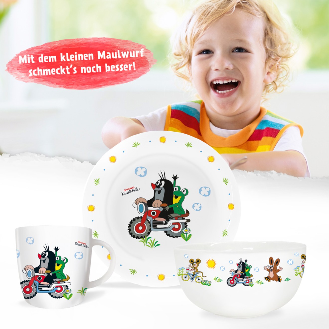 DER KLEINE MAULWURF 3tlg.Porzellan-Set "Motorrad"