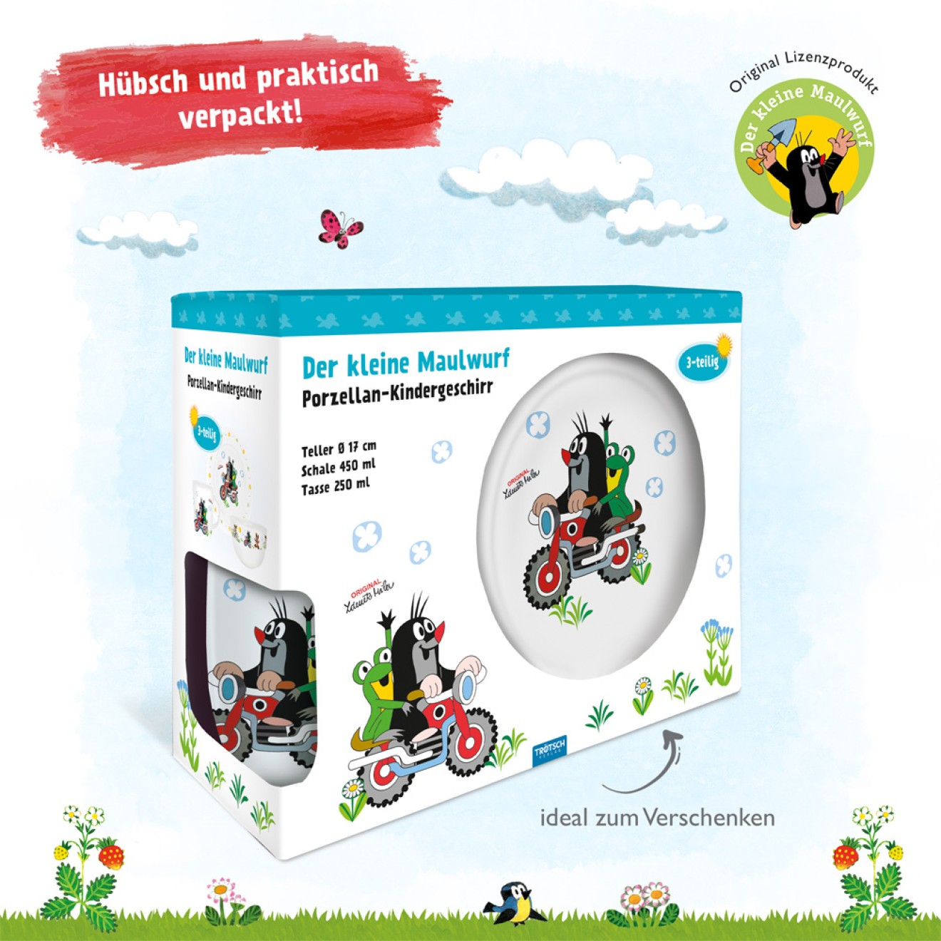 DER KLEINE MAULWURF 3tlg.Porzellan-Set "Motorrad"