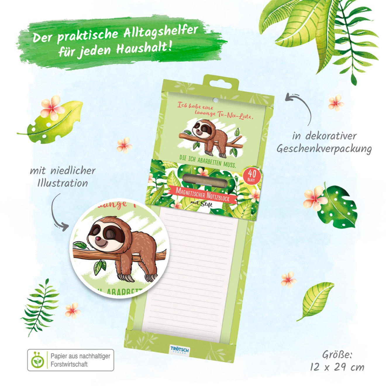 Notizblock mit Stift und Magnet "Faultier"