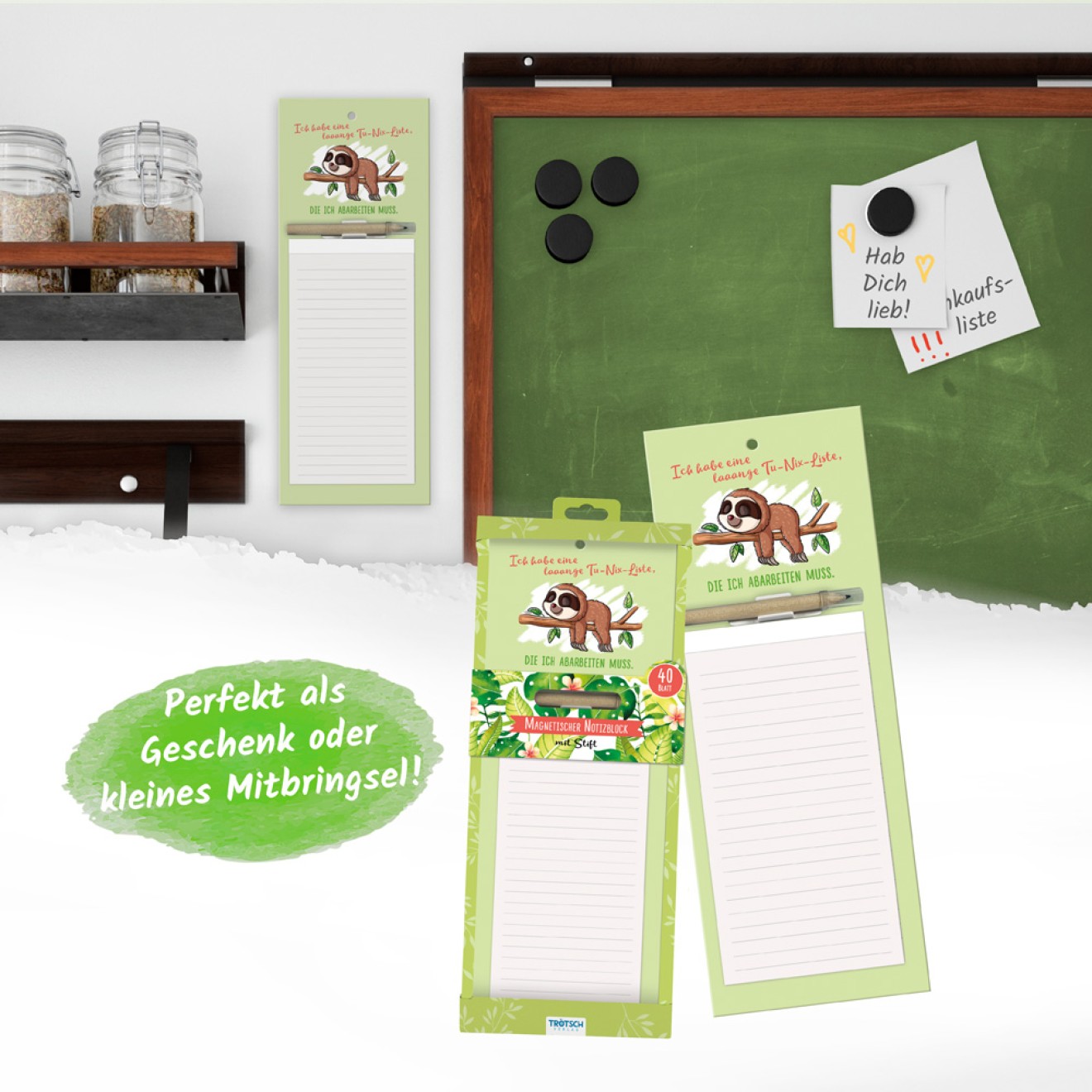 Notizblock mit Stift und Magnet "Faultier"