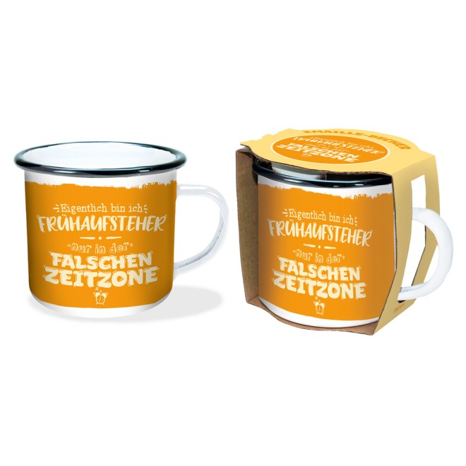 Emaillebecher "Falsche Zeitzone"