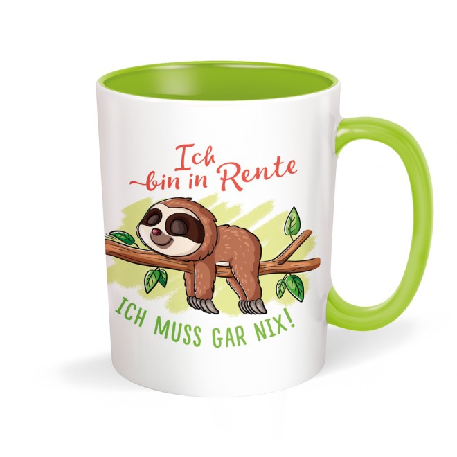 Tasse Rentner Faultier weiß grün