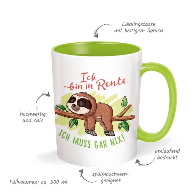 Tasse Rentner Faultier weiß grün