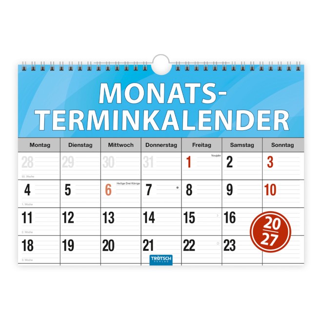 Monatsterminer Monatsterminkalender 2027 mit Wire-O-Bindung