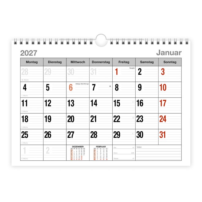 Monatsterminer Monatsterminkalender 2027 mit Wire-O-Bindung