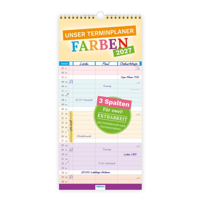Terminplaner Farben 3 Spalten 2027