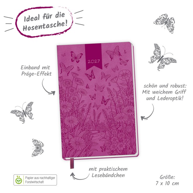 Taschenkalender A7 Soft Touch Schmetterlinge 2027