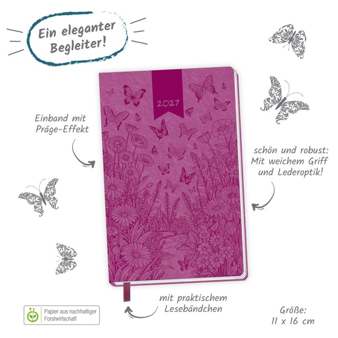 Taschenkalender A6 Soft Touch Schmetterlinge 2027