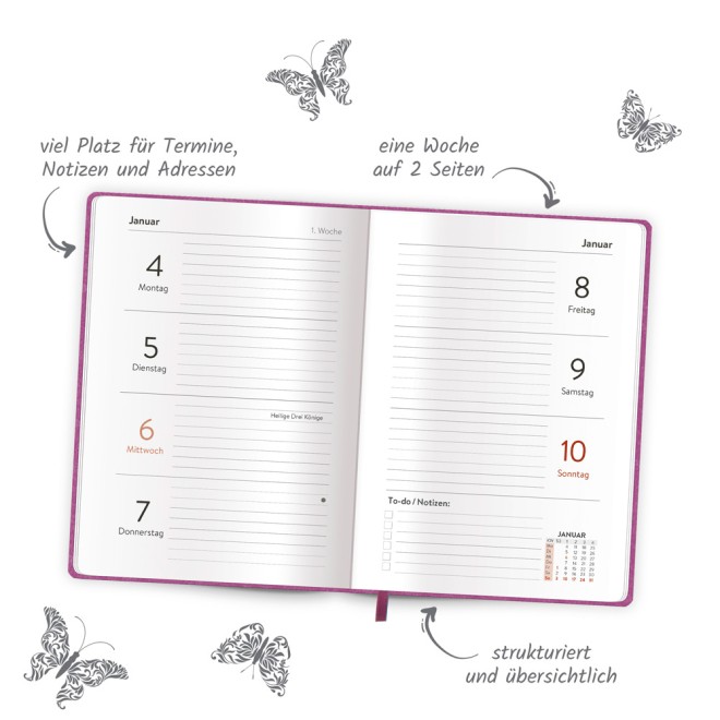 Taschenkalender A6 Soft Touch Schmetterlinge 2027