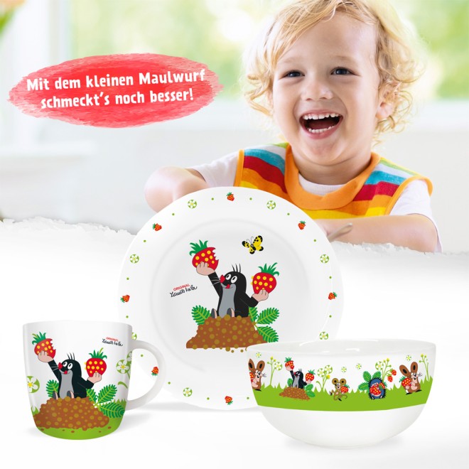 DER KLEINE MAULWURF 3tlg.Porzellan-Set "Erdbeere"