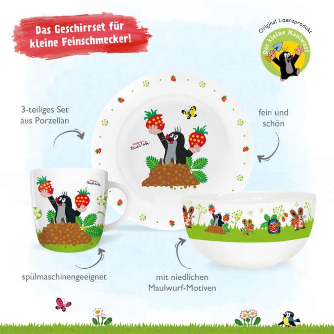 DER KLEINE MAULWURF 3tlg.Porzellan-Set "Erdbeere"