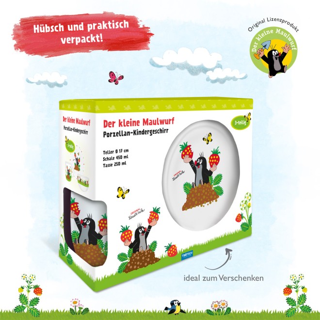 DER KLEINE MAULWURF 3tlg.Porzellan-Set "Erdbeere"