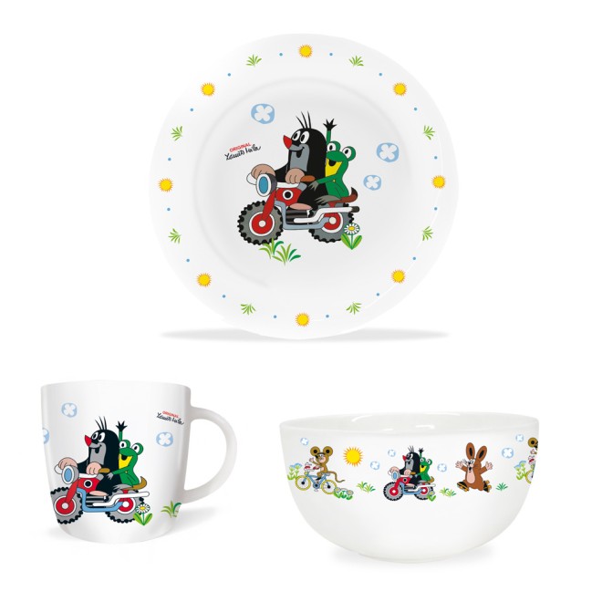 DER KLEINE MAULWURF 3tlg.Porzellan-Set "Motorrad"