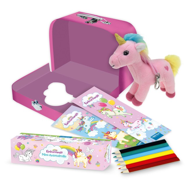 Kinderkoffer mit Fenster und Glitzerfolie gefüllt Einhornwelt