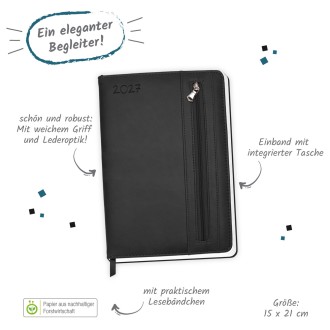 Wochenplaner A5 mit Tasche Schwarz 2027