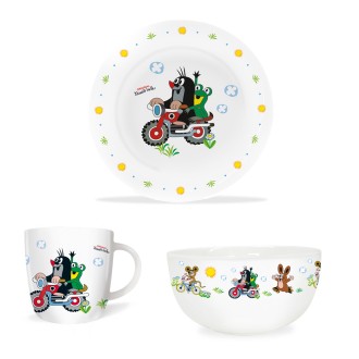 DER KLEINE MAULWURF 3tlg.Porzellan-Set "Motorrad"