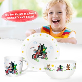 DER KLEINE MAULWURF 3tlg.Porzellan-Set "Motorrad"