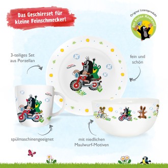 DER KLEINE MAULWURF 3tlg.Porzellan-Set "Motorrad"