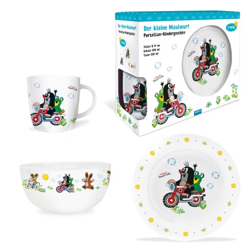 DER KLEINE MAULWURF 3tlg.Porzellan-Set "Motorrad"